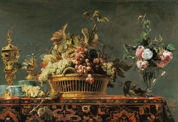 Stillleben mit Korb mit Weintrauben und einer Rosenvase von Frans Snyders