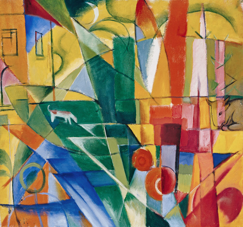 Landschaft mit Haus, Hund und Rind. von Franz Marc