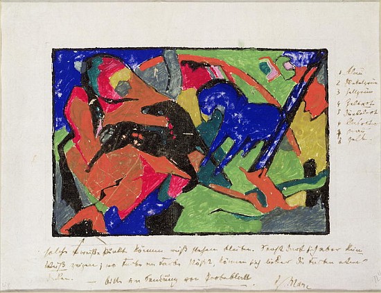 Two Horses, 1911-12 (hand coloured print) von Franz Marc