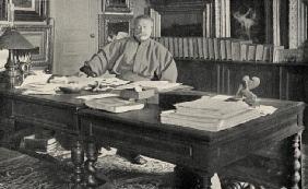 Alexandre Dumas Fils (1824-95) in his study (b/w photo) 19th