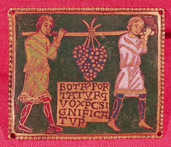 Plaque from a cross depicting two men carrying the grapes of the promised land, Mosane School (champ von French School