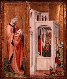 Thouzon Altarpiece, left-hand section showing a female martyr and a scene from the Life of St. Andre early 15th