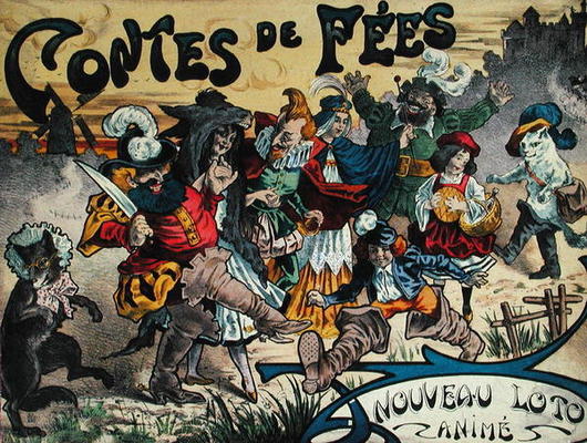 Fairy tale characters painted on the box lid of a game of lotto von French School, (19th century)