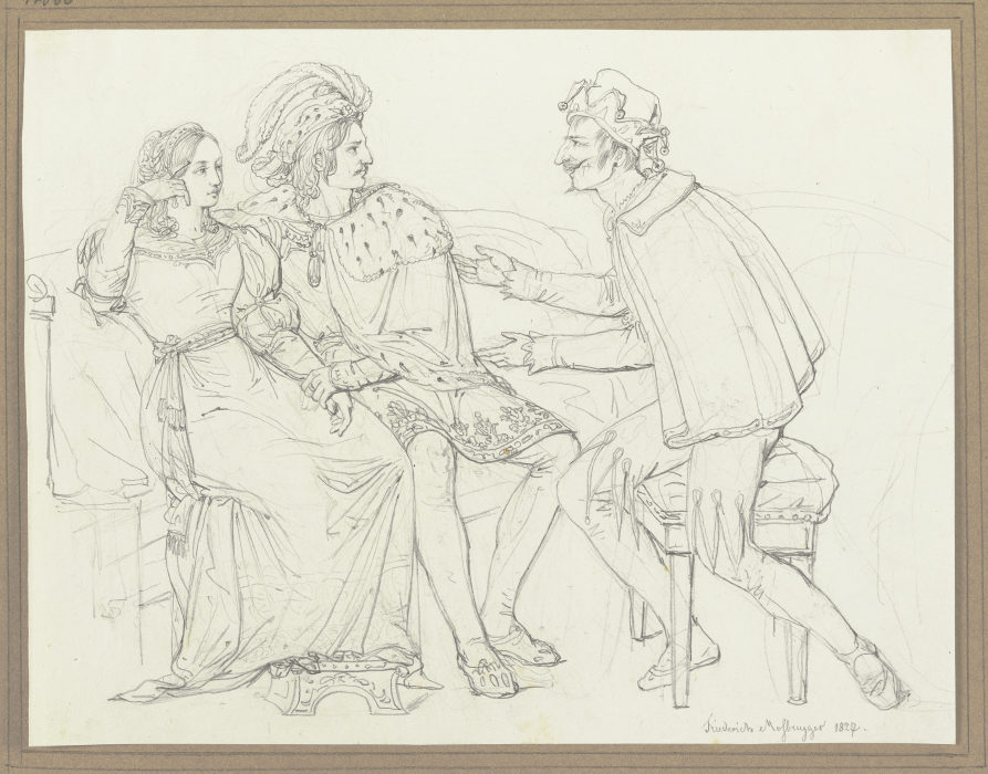 Ein Paar auf einem Sofa unterhält sich mit einem Narren von Friedrich Moosbrugger