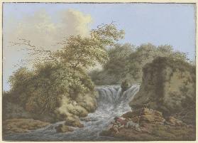 Wasserfall zwischen zwei Felsen, am Ufer rechts zwei Angler