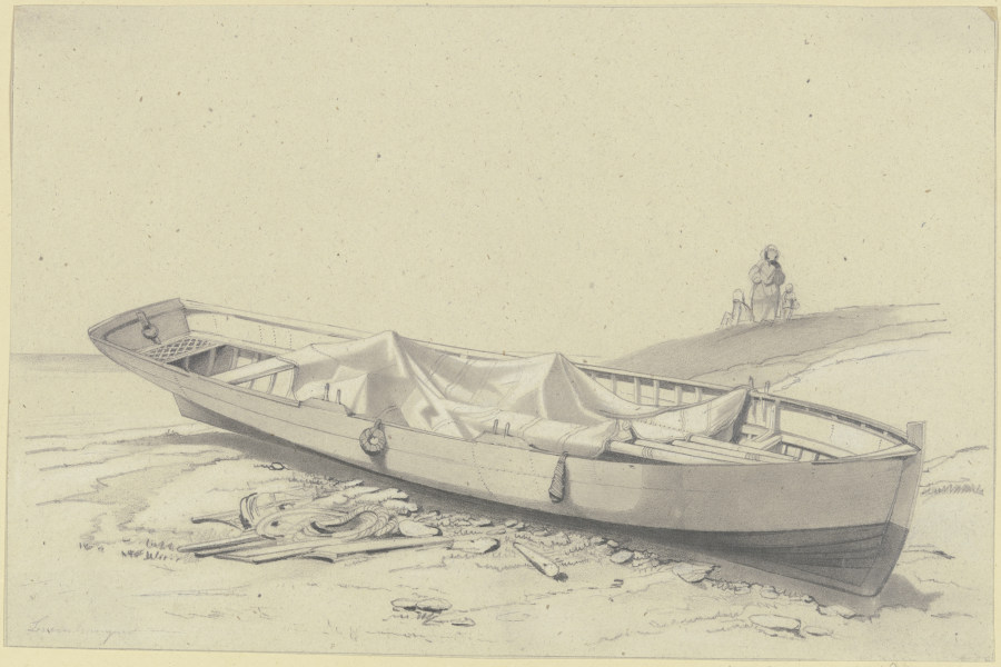 Ein Boot auf dem Strande liegend, in der Ferne drei Figuren - Fritz  Bamberger als Kunstdruck oder