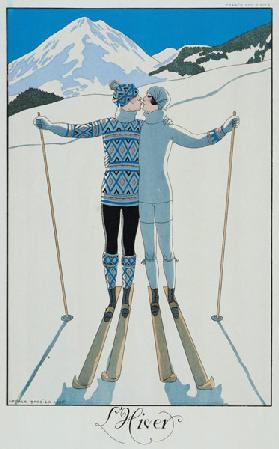 Winter: Lovers in the Snow, fashion plate from 'Twentieth Century France', 1925 (colour litho) 1716