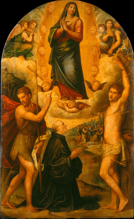 Himmelfahrt Mariens mit Johannes dem Täufer, dem Heiligen Sebastian und einem Stifter von Giacomo Francia
