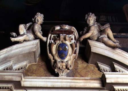 Interior view of the Barberini Chapel, detail of decorative pediment of two cherubs supporting a coa von Gianlorenzo Bernini