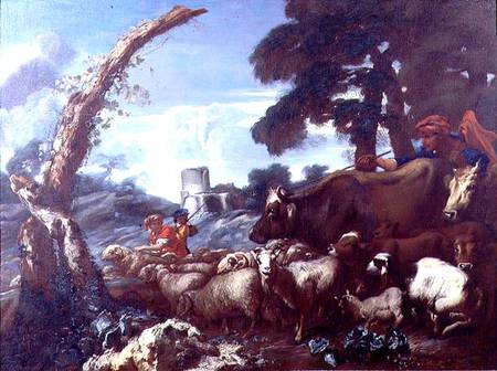 Farmhands with cattle and sheep von Giovanni Francesco Castiglione