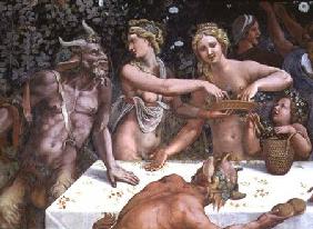 Two Horae scattering flowers, watched by two satyrs, detail of the rustic banquet celebrating the ma 1528