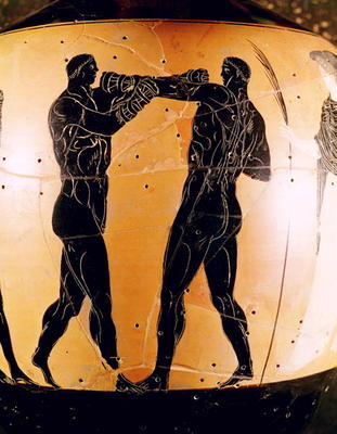 Black-figure Panathenaic amphora depicting a boxing contest, c.336 BC (pottery) von Greek 4th century BC