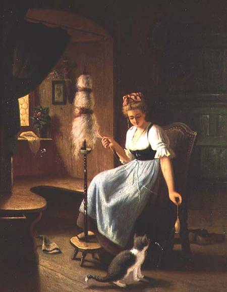 Girl at a Spinning Wheel von H Harcourt