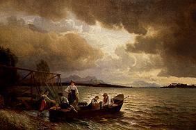 Fischer im Boot am Chiemsee-Ufer 1886