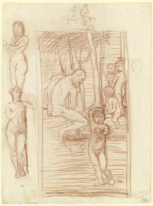 Alter Mann und Kinder, daneben weibliche Aktstudien und Skizze eines Reiters von Hans von Marées