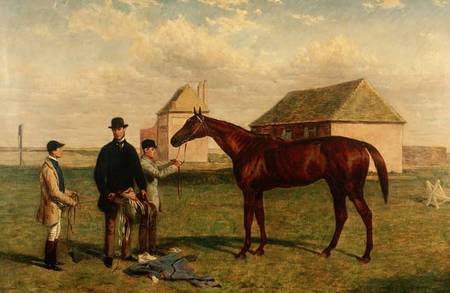 'Thunderbolt', a Chestnut Racehorse with his Owner and Jockey von Harry Hall