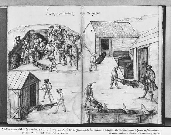 Silver mine of La Croix-aux-Mines, Lorraine, fol.19v and fol.20r, delivering the ore, c.1530 von Heinrich Gross or Groff