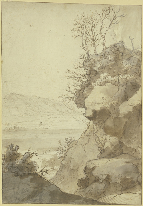 Landschaft, rechts eine große Felspartie mit dürren Bäumen von Hendrick Mommers