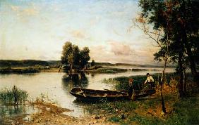 Fishermen unloading their catch in a river landscape