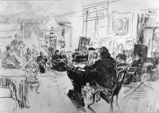 Wladimir Solowjow beim Vorlesen im Salon der Baronesse Barbara Uexkull von Hildenbandt von Ilja Jefimowitsch Repin