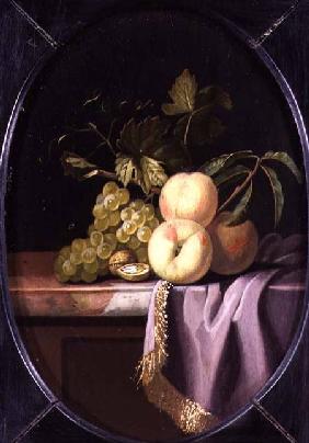 Peaches, Grapes and Walnuts on a Draped Ledge