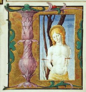 Historiated initial 'L' depicting St. Sebastian (vellum) 19th