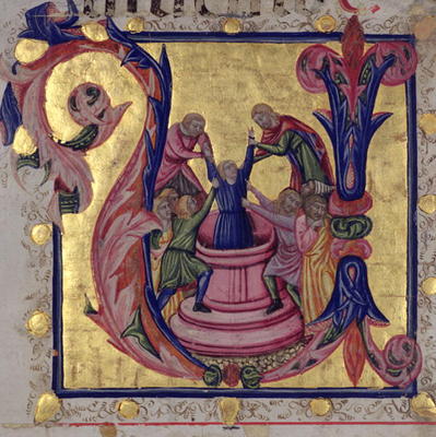 Historiated initial 'U' depicting Joseph being pulled from the well by his brothers, Tuscan School ( von Italian School, (15th century)