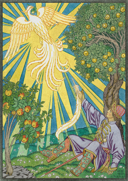 Illustration zum Märchen "Iwan Zarewitsch, der Feuervogel und der graue Wolf" von Ivan Jakovlevich Bilibin