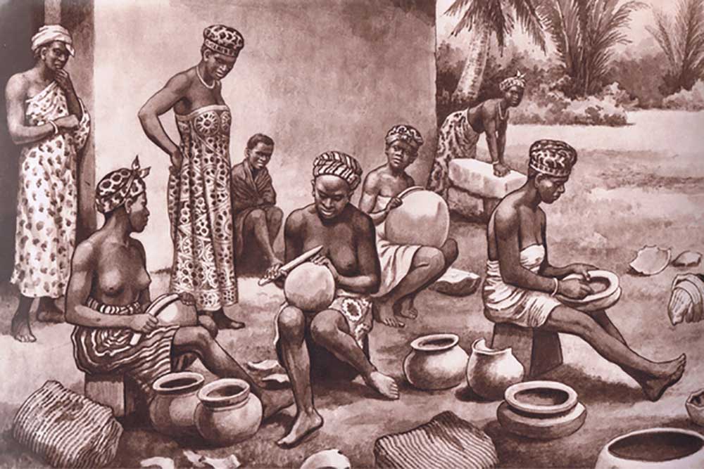 Töpfern in Westafrika nach MacMillan-Schulplakaten, um 1950-60 von J. Macfarlane