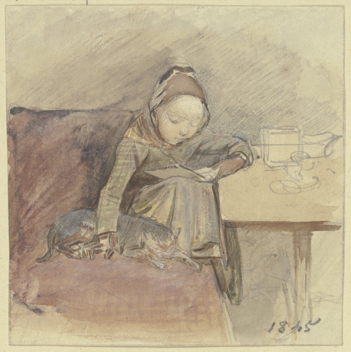 Lesendes Kind mit der Katze an einem Tisch auf einem roten Sofa sitzend von Jakob Furchtegott Dielmann