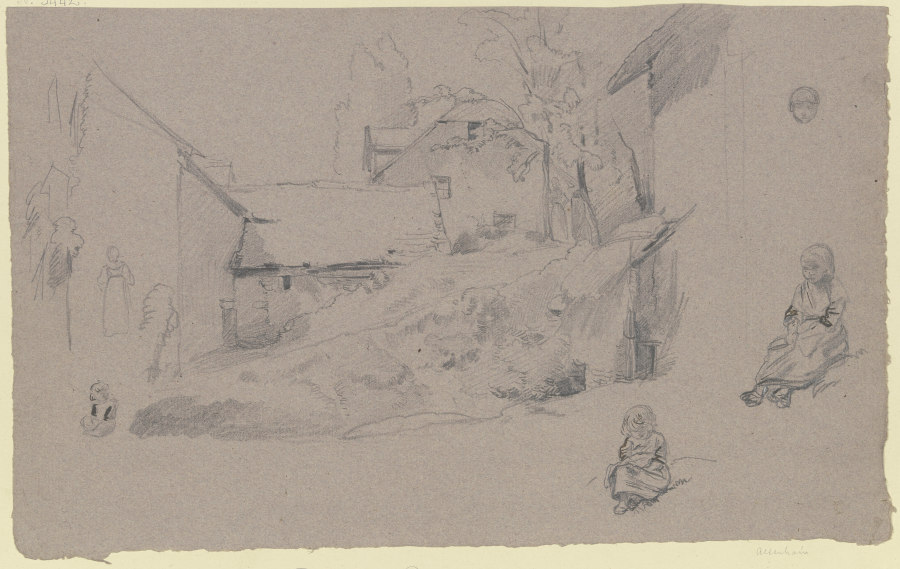 Studienblatt: Bauernhäuser an einem Abhang, ein Kopf, zwei sitzende Mädchen und andere Entwürfe von Jakob Furchtegott Dielmann