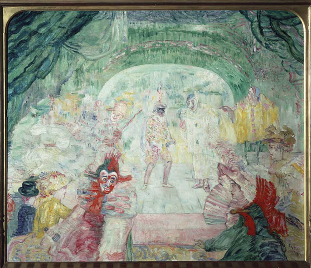 Das Theater der Masken. Gemälde von James Ensor (1860-1949). Öl auf  Leinwand, 1908, Expressionismus. - James Ensor als Kunstdruck oder Gemälde.