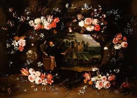 Garland of Flowers Encircling a Medallion Representing Nicolas de Man in front of his Property at An 1653