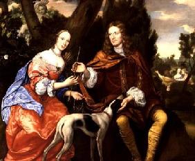 Portrait of a Gentleman and his Wife Holding an Arrow, Seated with their Dog