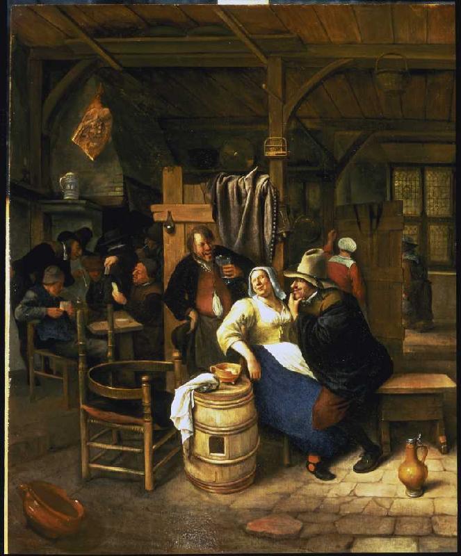 Der alte Verehrer Bauernwirtschaft mit kartenspielenden Bauern im Hintergrund. von Jan Steen