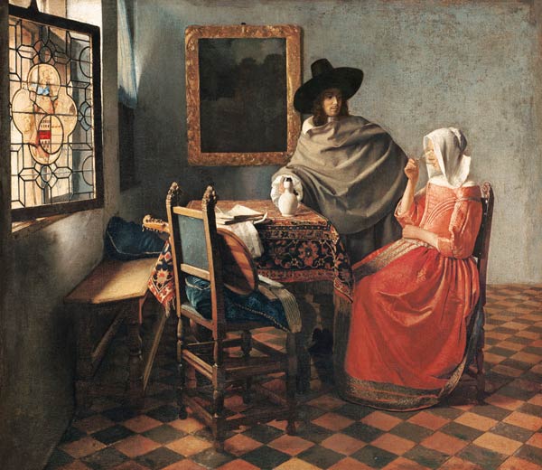 Herr und Dame beim Wein - Jan Vermeer van Delft als Kunstdruck oder Gemälde.
