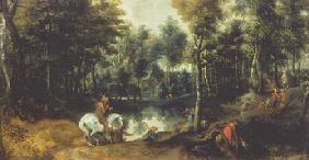 Schimmelreiter in Waldlandschaft  1620-er J