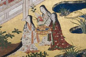 Detail of Spring in the Palace, six-fold screen from 'The Tale of Genji' c.1650