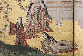 Detail of Spring in the Palace, six-fold screen from 'The Tale of Genji' c.1650