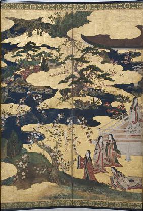 Detail of Spring in the Palace, six-fold screen from 'The Tale of Genji' c.1650