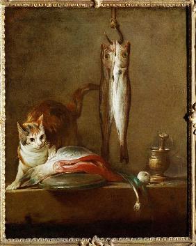 Chat avec tranche de saumon, deux maquereaux, mortier et pi 1728