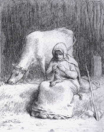 Bäuerliches Mädchen, das ihre Kuh beobachtet von Jean-François Millet