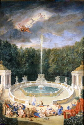 The Groves of Versailles. View of the Grove of Domes with nymphs decorating the chariot of Apollo wi von Jean the Younger Cotelle