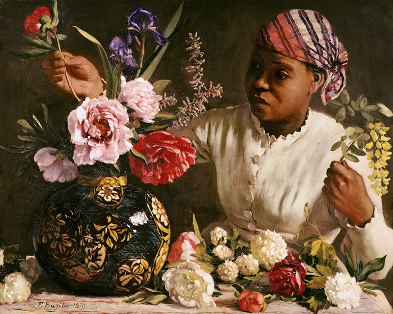 Schwarze Frau mit Pfingstrosen - Jean Frederic Bazille als Kunstdruck oder  Gemälde.