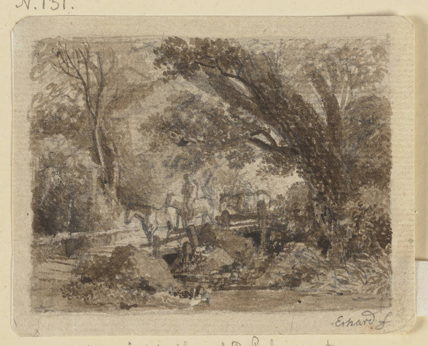 Waldpartie mit einer Brücke, über die drei Pferde und ein Reiter gehen von Johann Christoph Erhard