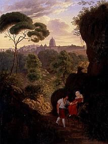 Wanderndes Paar auf dem Monte Mario mit Blick auf Rom und St. Peter von Johann Erdmann Hummel