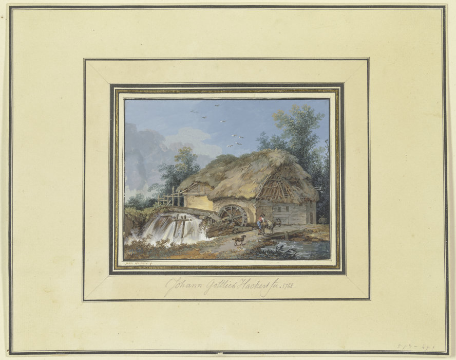 Strohgedeckte Wassermühle, zu der ein Bauer mit Esel und Hund kommt von Johann Gottlieb Hackert