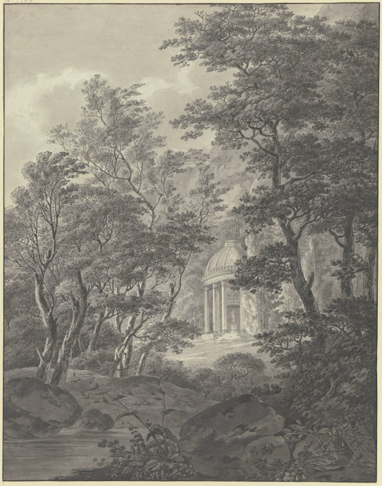 Blick durch die Bäume eines Parks auf ein klassizistisches Tempelchen von Johann Heinrich Troll