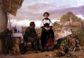 Courting couple in a mountain farmyard