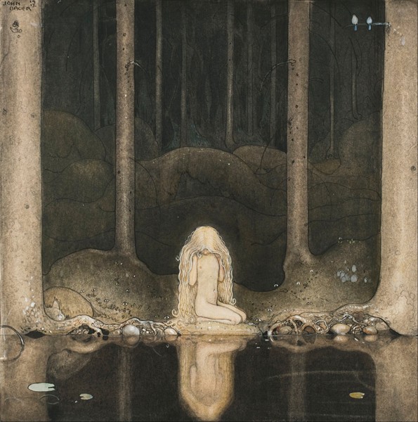 Prinzessin Tuvstarr sitzt immer noch dort, wehmütig ins Wasser schauend von John Bauer